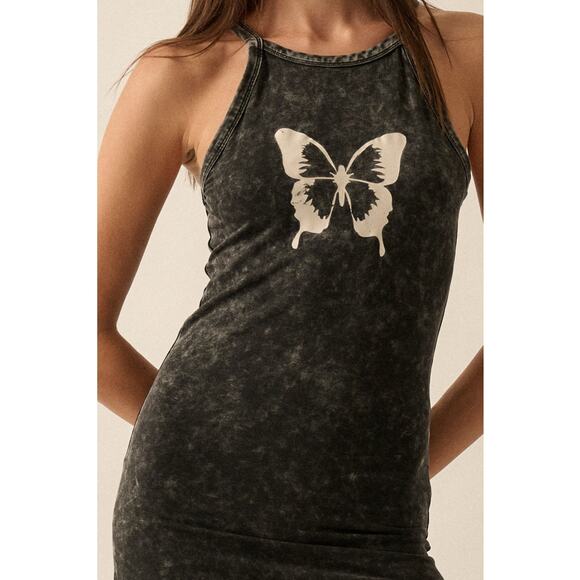 Promesa Size Large Charcoal Vintage Wash Butterfly Graphic Tank Maxi Dress - Picture 2 of 6